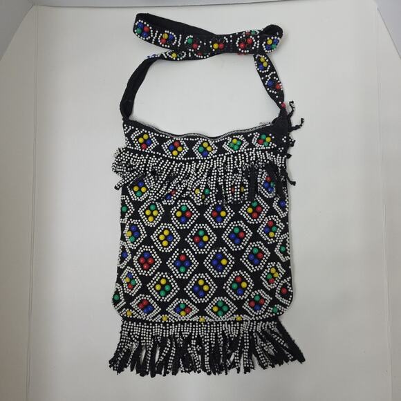 Unbranded Handbags - Vintage Beaded Candy Dot Purse Shoulder Bag Fringe Zipper Black Hippie Boho